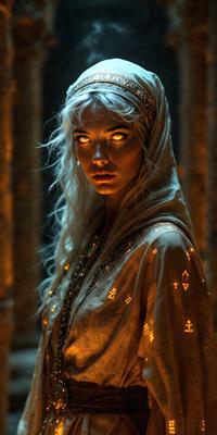 The primary subject of the image is a woman with blonde hair, wearing a long white robe. She is looking at the camera with a mysterious expression. The setting is a dark room, and the visual style appears to be a combination of a photo and digital art. The woman's outfit and the overall atmosphere create a sense of mystery and intrigue.